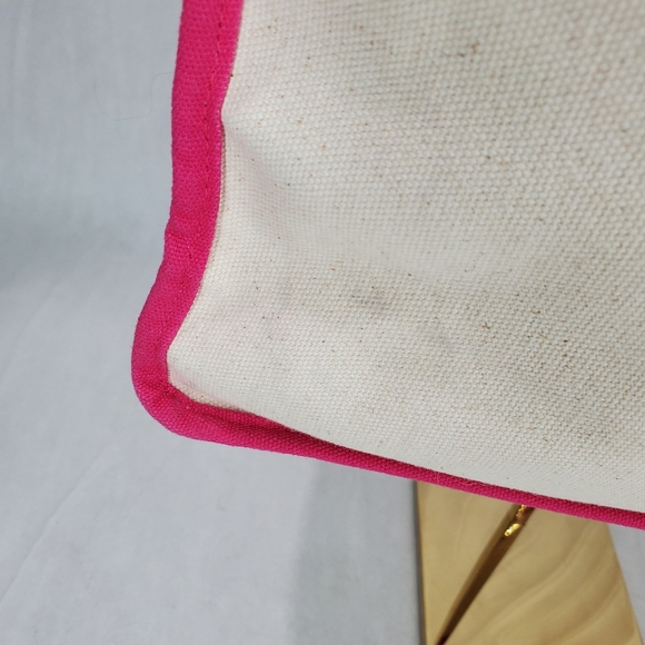 Juicy Couture Beige Canvas Tote Bag Pink Trim Logo Handle Errand Shopping School - Picture 7 of 13